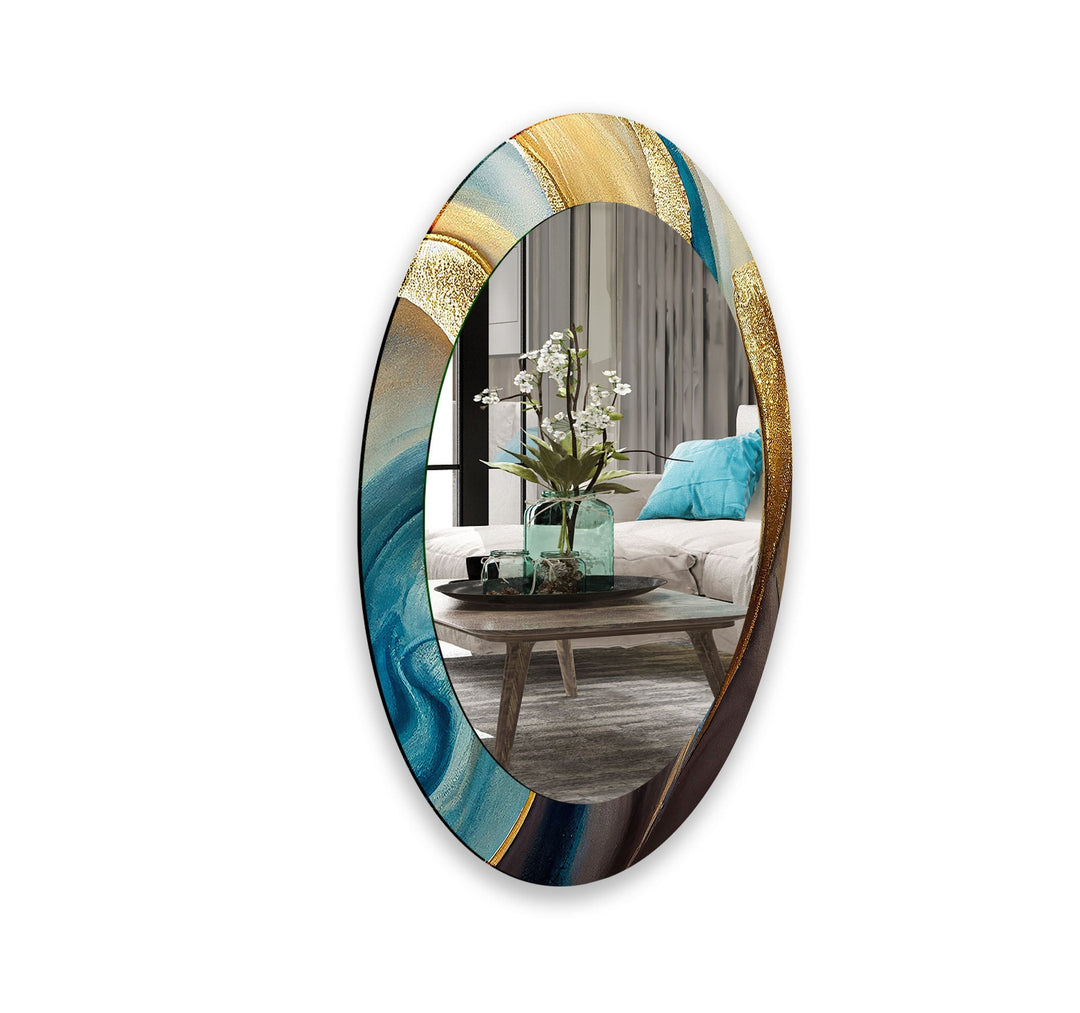 Gold Accent Blue Oval Glass Wall Mirror