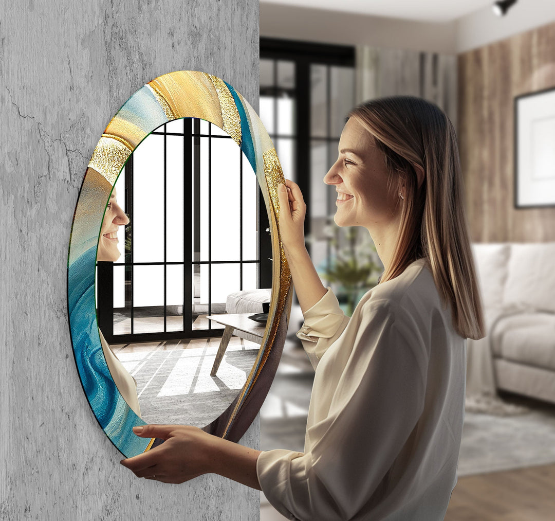 Gold Accent Blue Oval Glass Wall Mirror