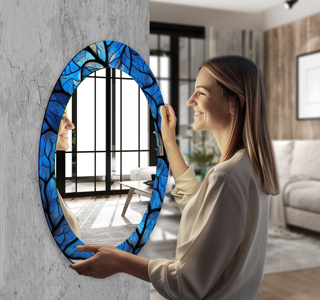 Blue Stained Oval Glass Wall Mirror