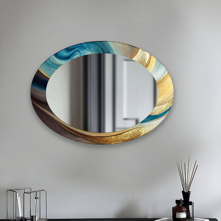 Gold Accent Blue Oval Glass Wall Mirror