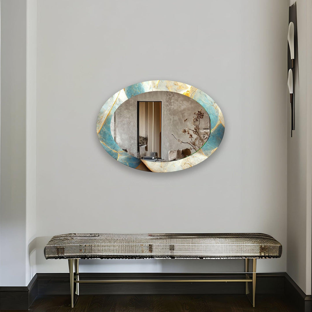 Turquoise & Gold Oval Glass Wall Mirror