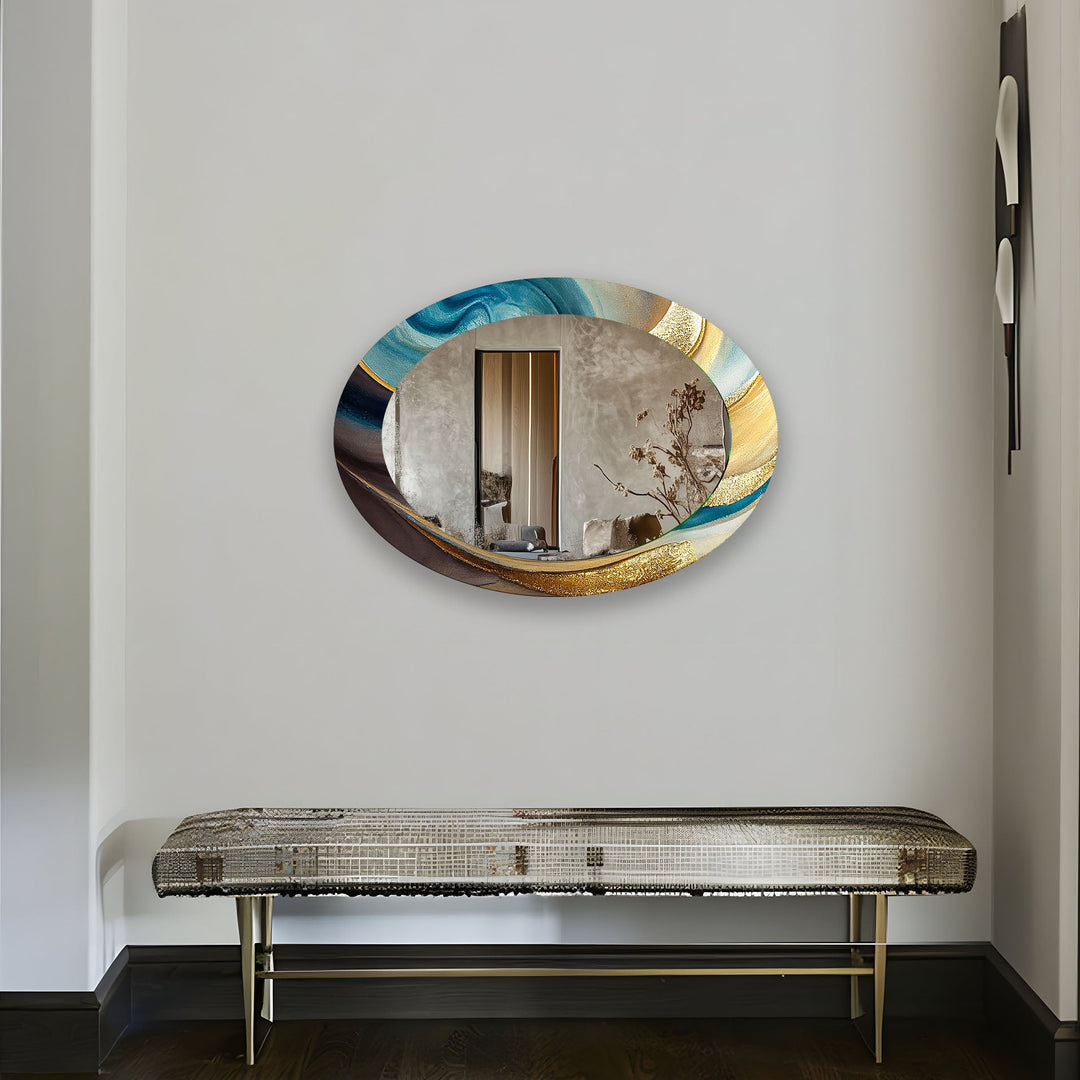 Gold Accent Blue Oval Glass Wall Mirror