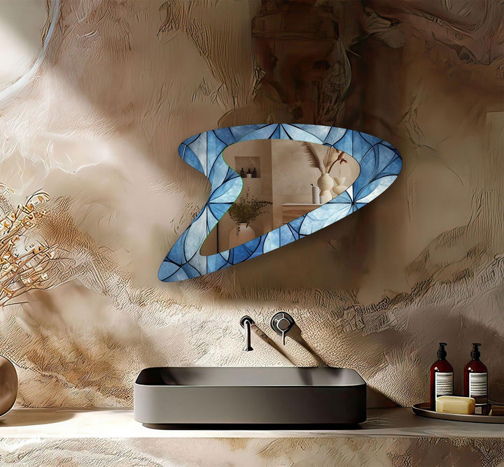 Blue Flower Stained Asymmetrical  Wall Mirror