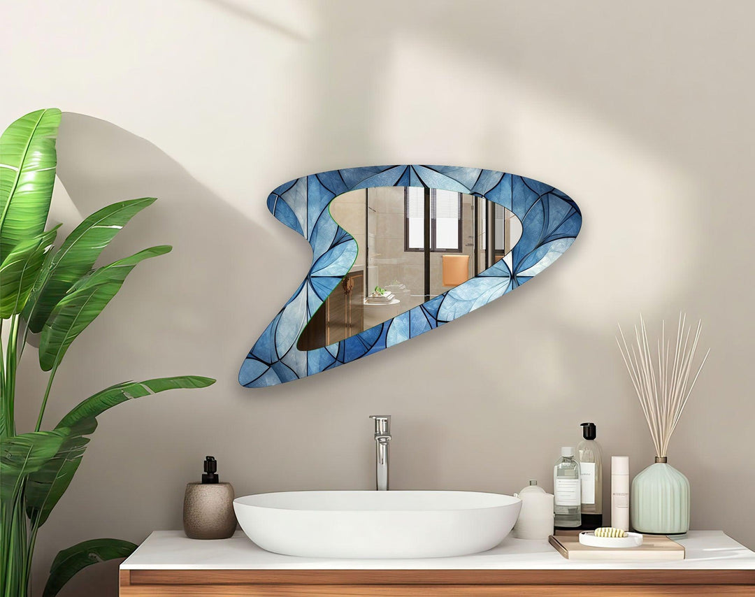 Blue Flower Stained Asymmetrical  Wall Mirror