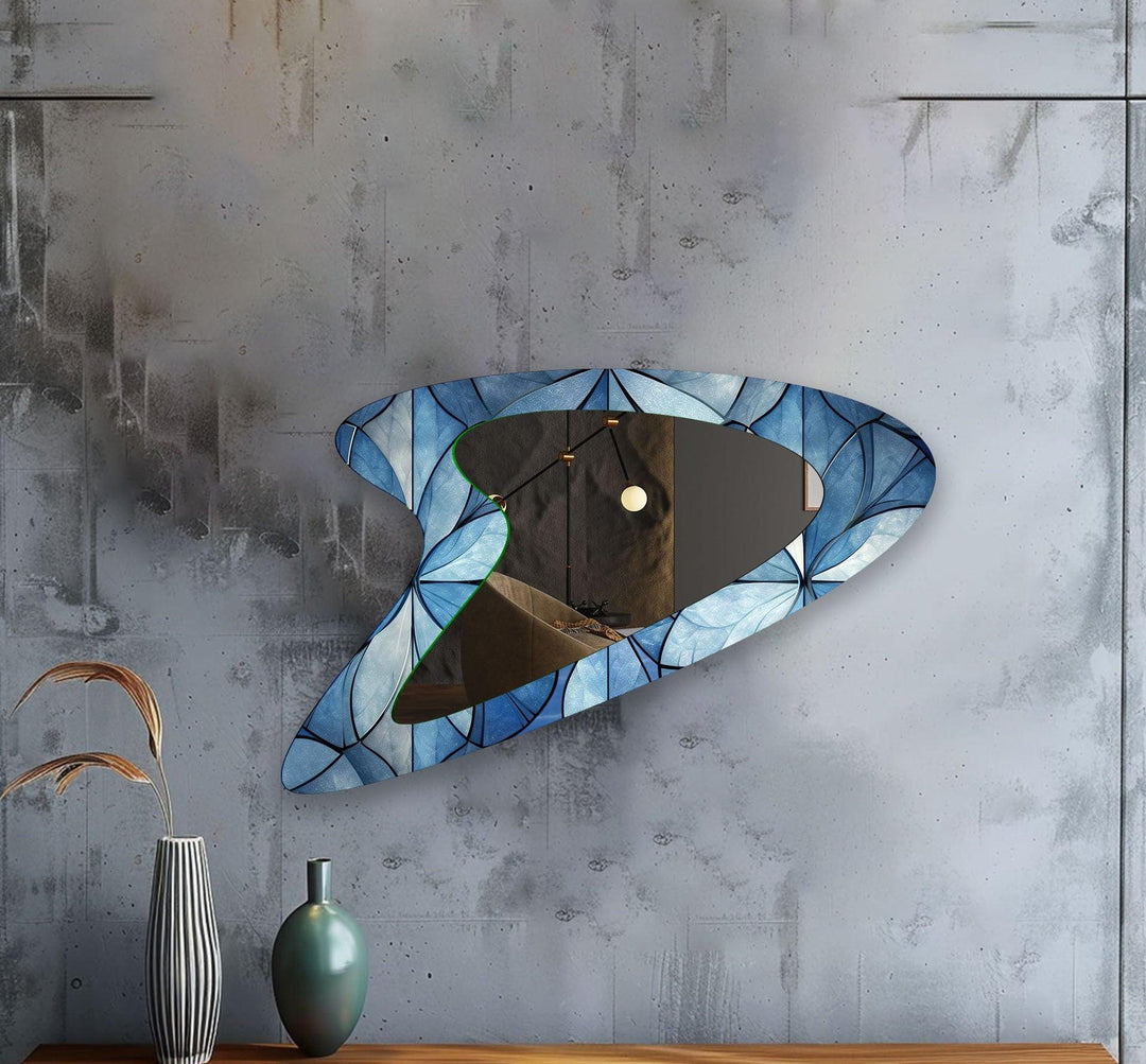 Blue Flower Stained Asymmetrical  Wall Mirror