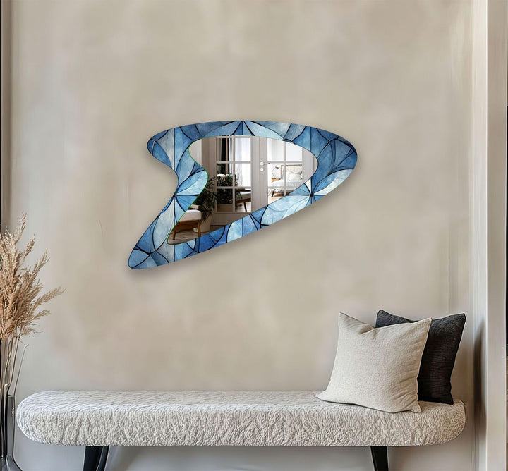 Blue Flower Stained Asymmetrical  Wall Mirror