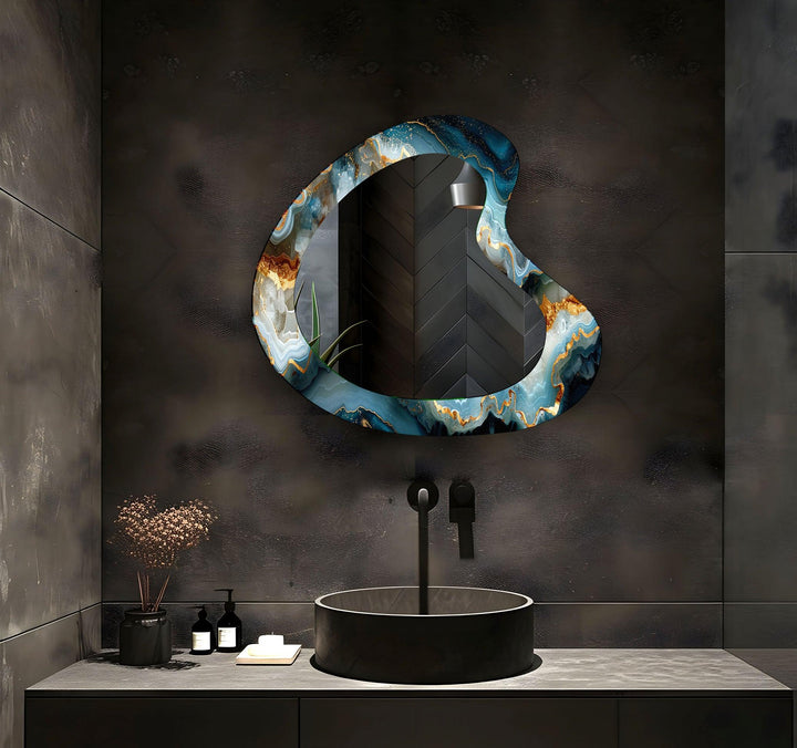 Modern Blue Marble Kidney Glass Wall Mirror