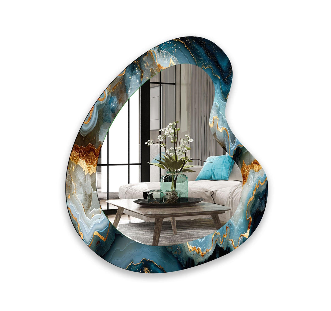 Modern Blue Marble Kidney Glass Wall Mirror