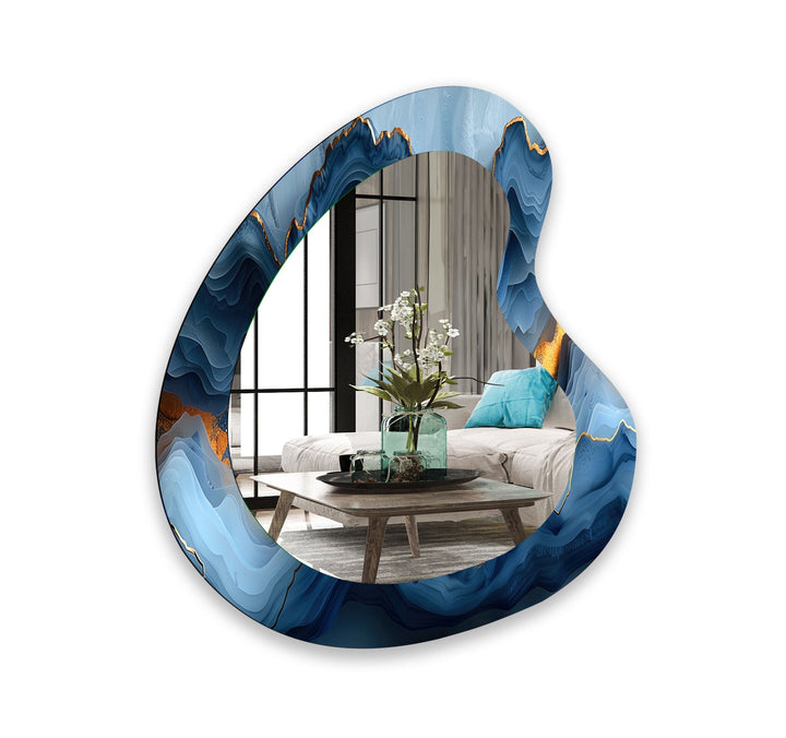 Elegant Blue Marble Kidney Glass Wall Mirror