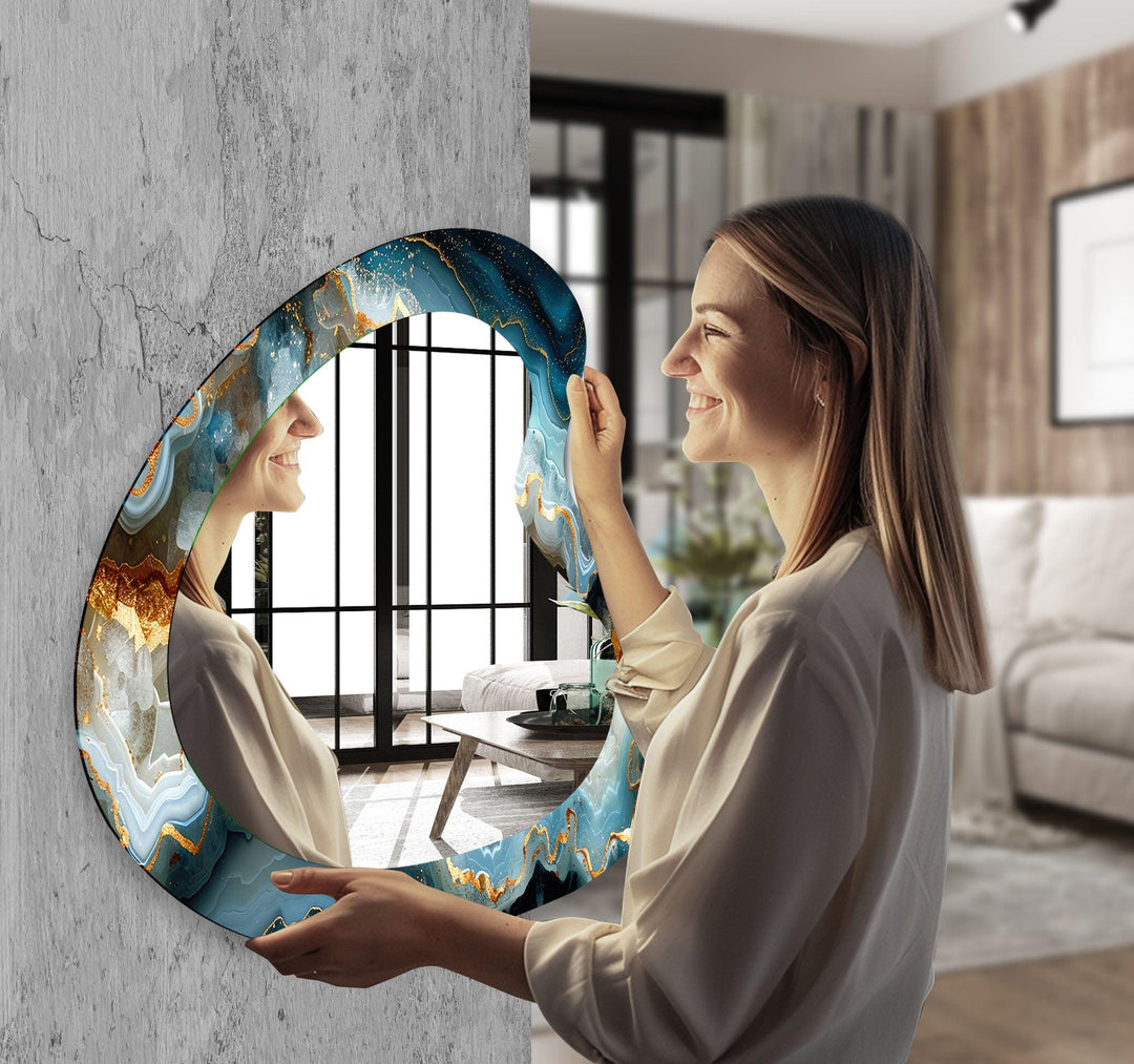 Modern Blue Marble Kidney Glass Wall Mirror