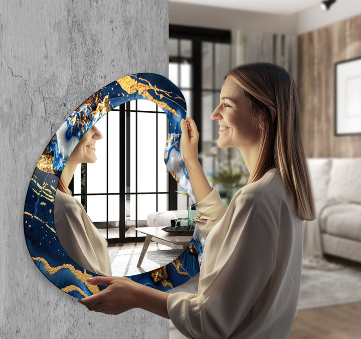 Blue & Gold Marble Irregular Wall Mirror