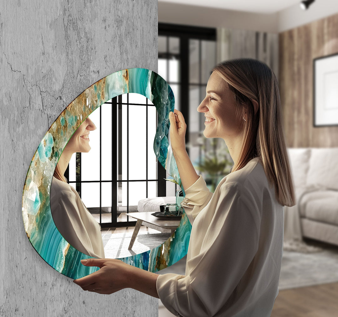 Green & Gold Marble Irregular Wall Mirror