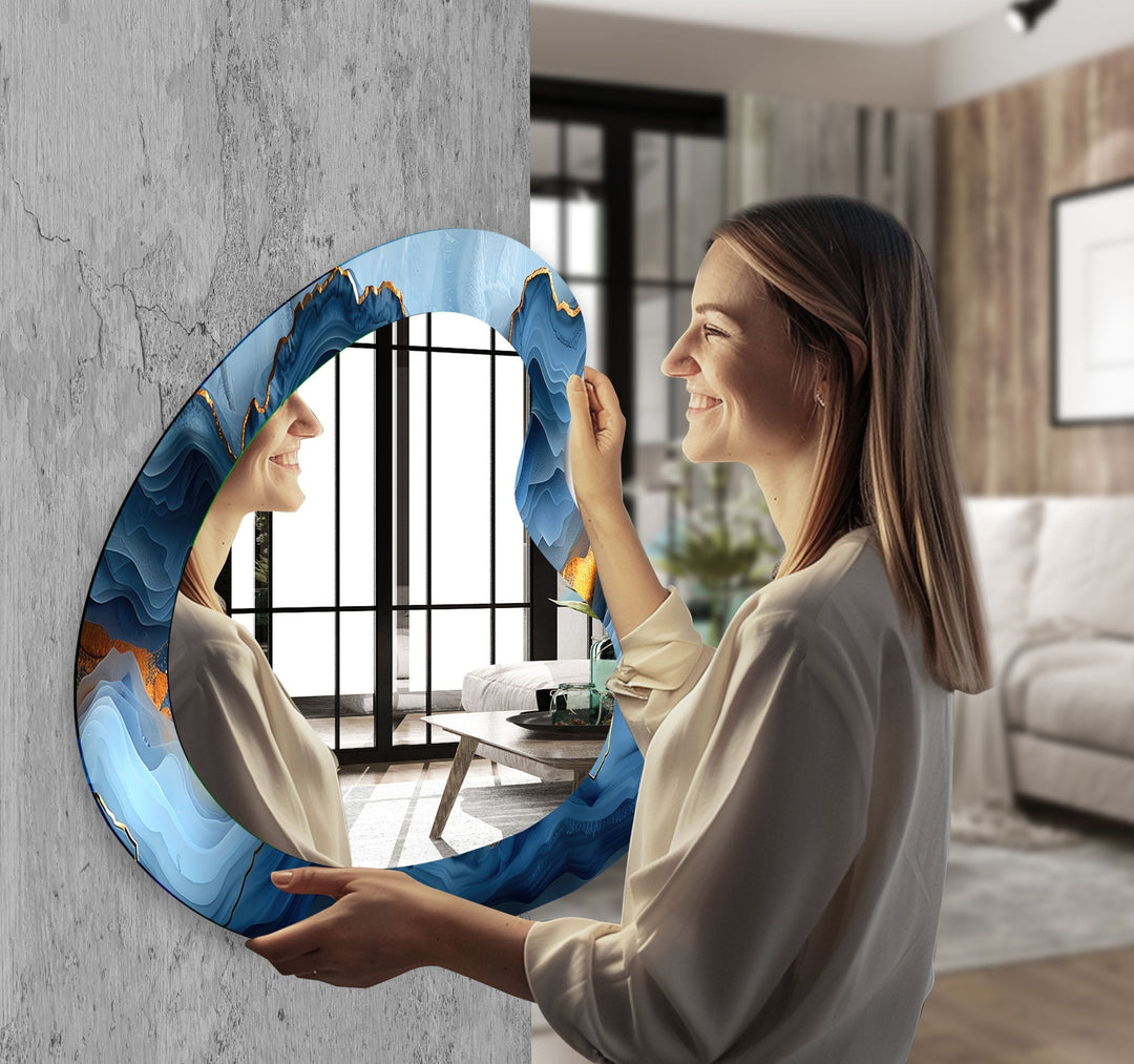 Elegant Blue Marble Kidney Glass Wall Mirror