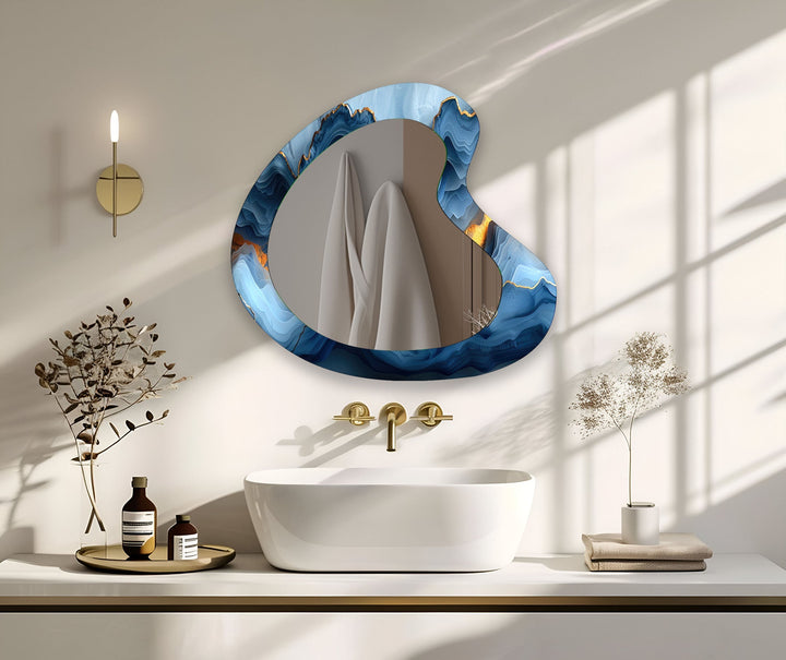 Elegant Blue Marble Kidney Glass Wall Mirror