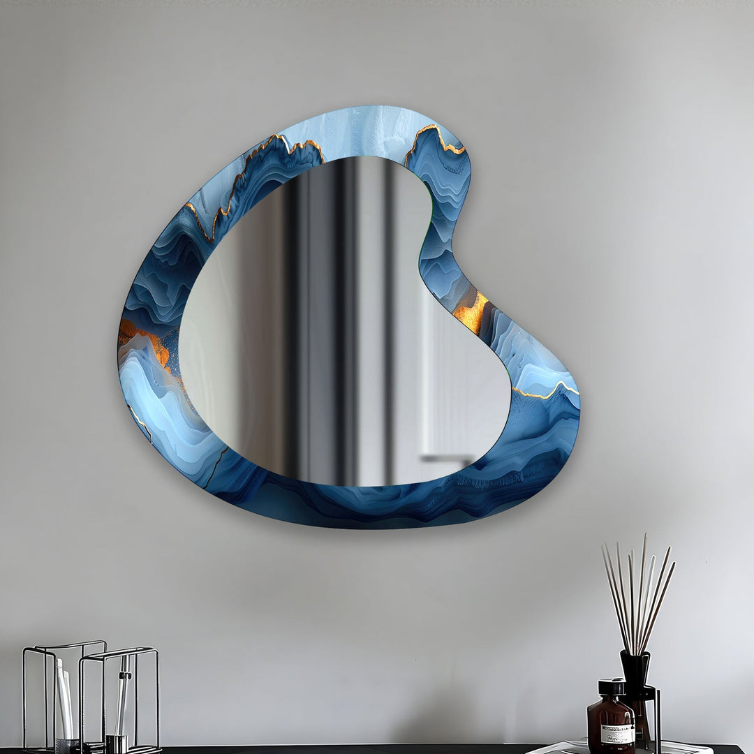 Elegant Blue Marble Kidney Glass Wall Mirror