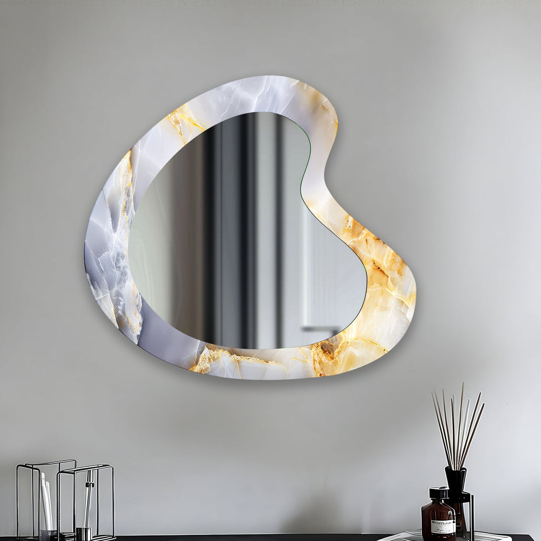 Gold Accent Grey Marbled Glass Wall Mirror