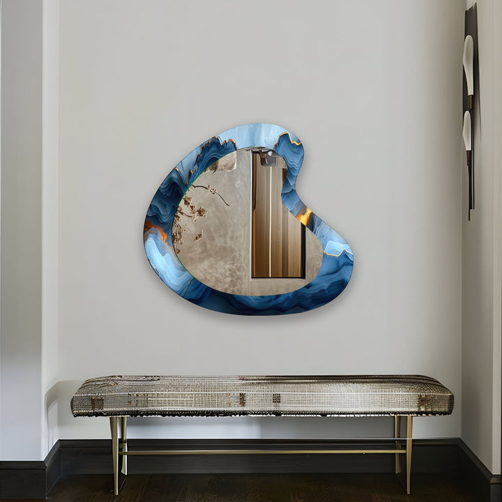 Elegant Blue Marble Kidney Glass Wall Mirror