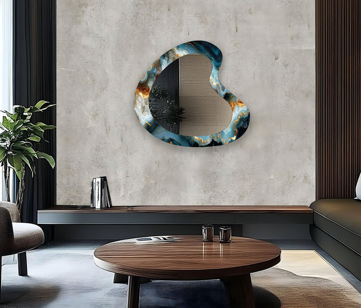 Modern Blue Marble Kidney Glass Wall Mirror