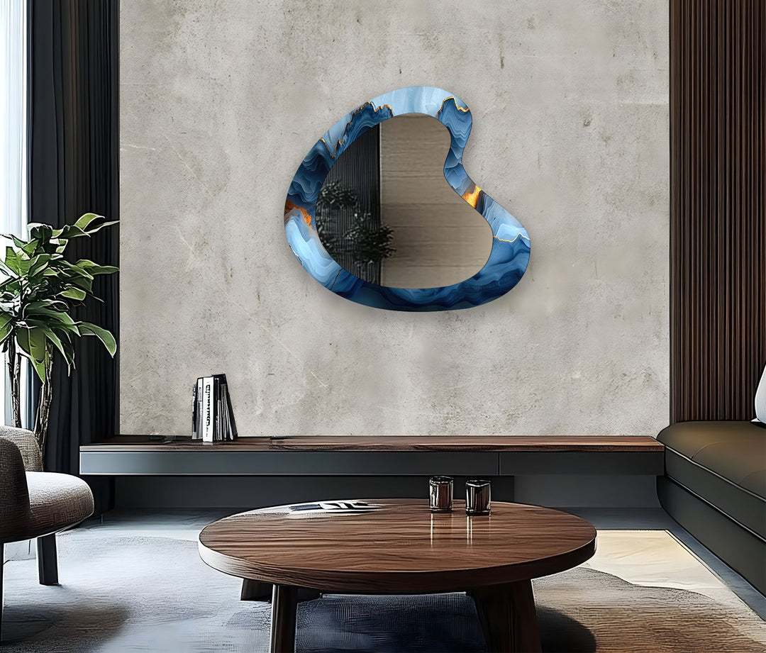 Elegant Blue Marble Kidney Glass Wall Mirror