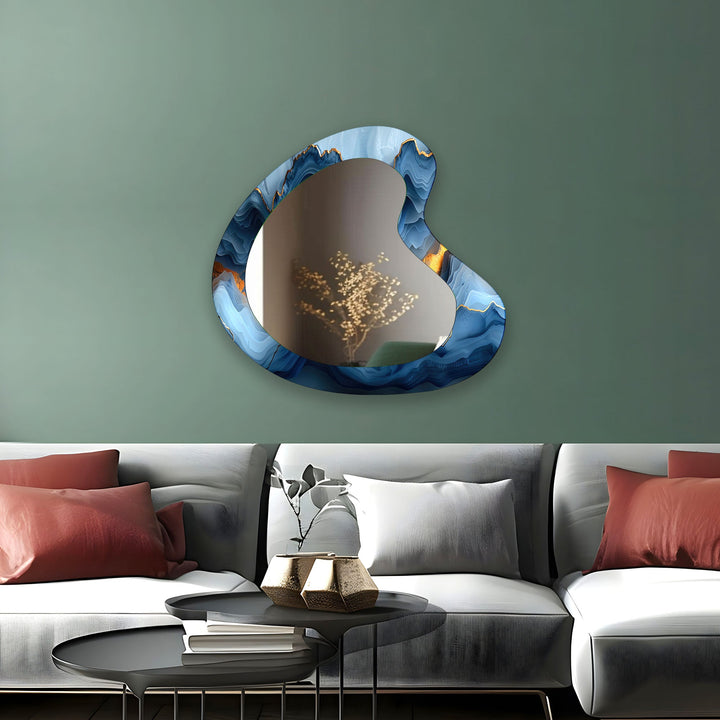 Elegant Blue Marble Kidney Glass Wall Mirror