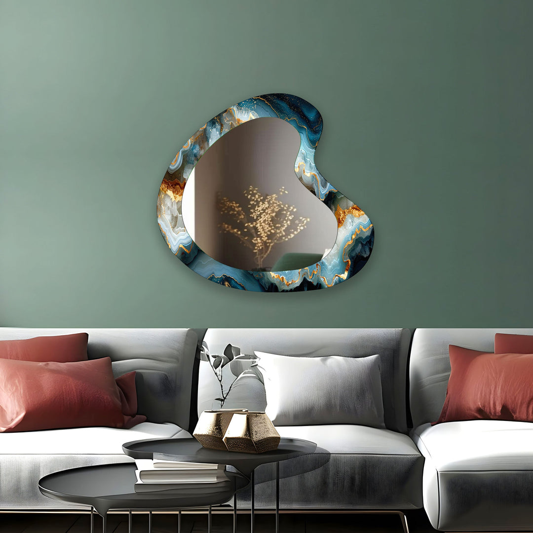 Modern Blue Marble Kidney Glass Wall Mirror