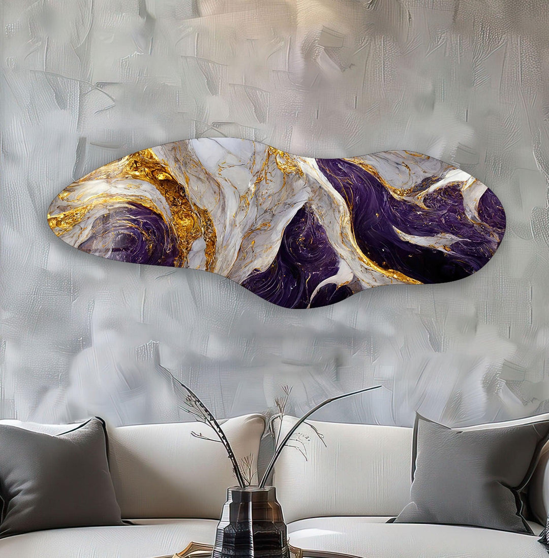 Irregular Asymmetrical Purple & Golden Glass Wall Art print picture on glass, Tempered Glass Wall Art
