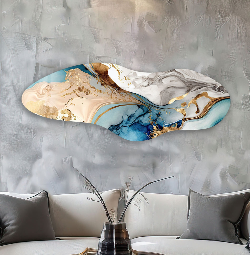 Irregular Asymmetrical Golden Blue Glass Wall Art glass art painting, glass art for the Wall
