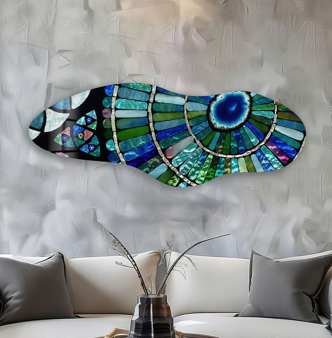 Stylish Blue Stained Asymmetrical Glass Wall Art, large glass photo prints, glass wall photos
