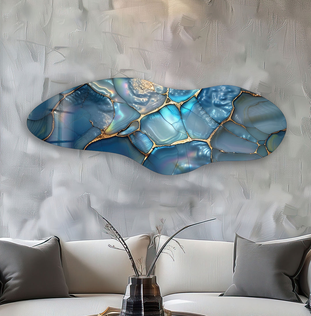 Blue Pearl Sparkle Asymmetrical Glass Wall Art, custom glass photo prints, large glass prints
