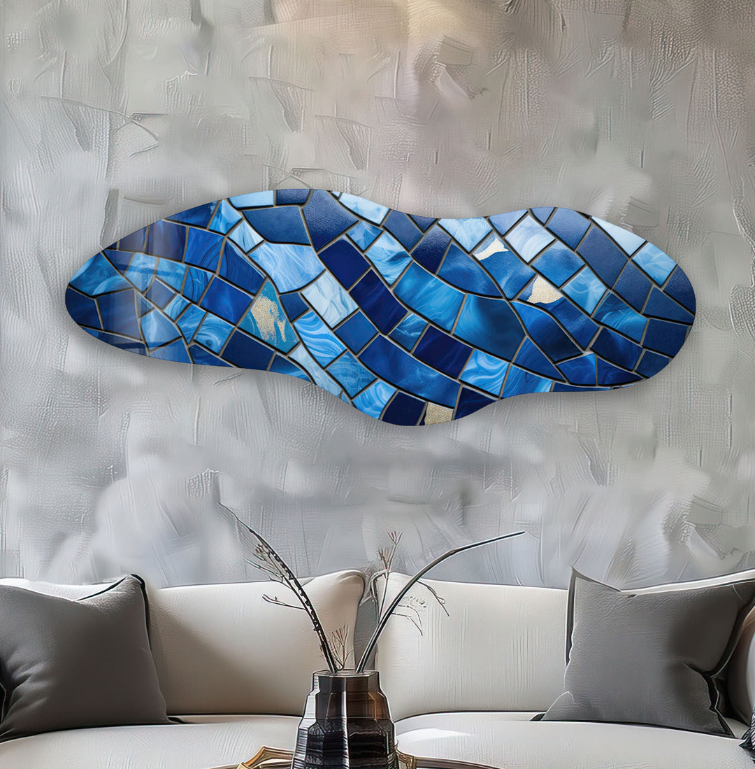 Blue Stained Pattern Asymmetrical Glass Wall Art, stained glass wall art, stained glass wall decor
