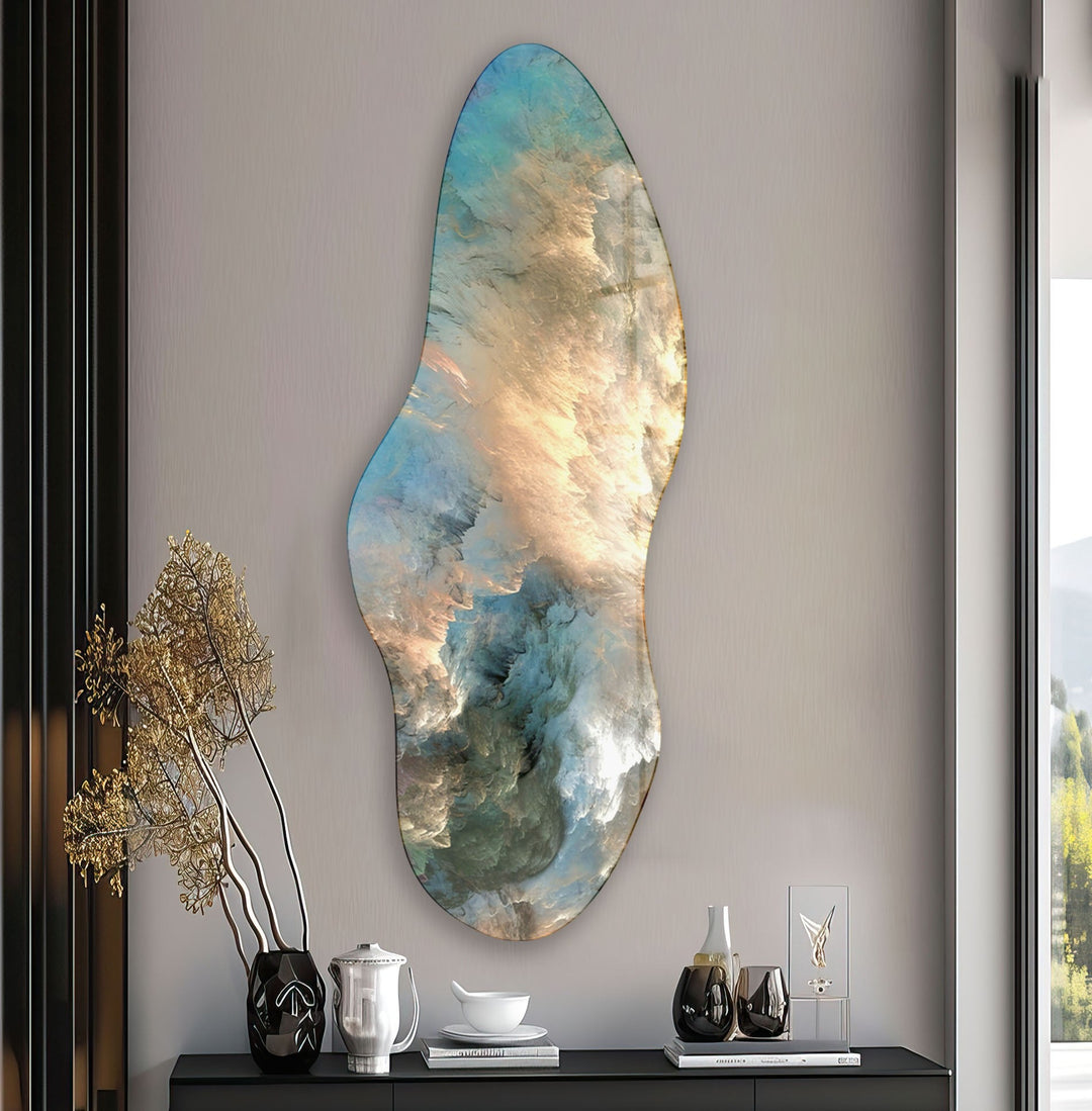 Irregular Asymmetrical Alcohol Ink Blue Glass Wall Art picture on glass wall art, photos printed on glass
