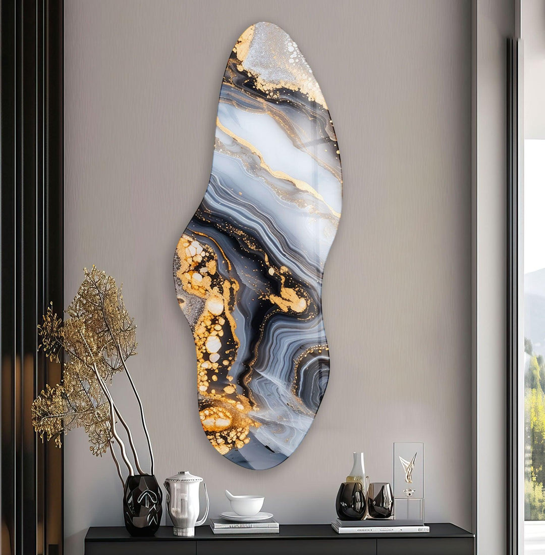 Irregular Asymmetrical White & Gold Glass Wall Art photo print on glass, prints on glass wall art
