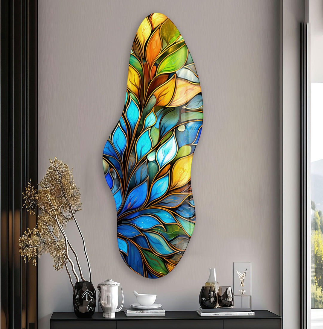 Irregular Asymmetrical Blue Botanical Glass Wall Art art glass wall art, glass wall art pictures
