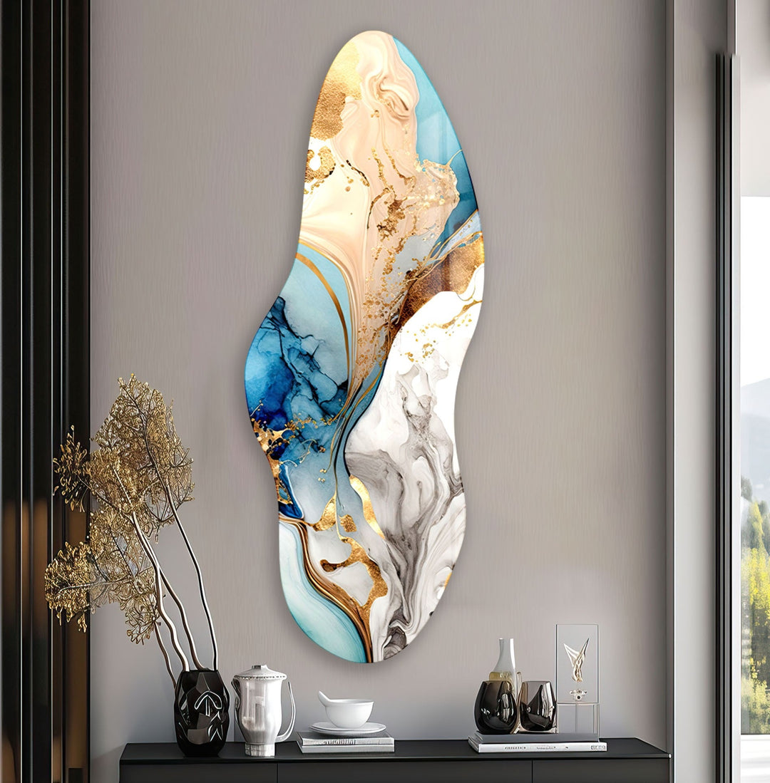 Irregular Asymmetrical Golden Blue Glass Wall Art custom glass pictures, glass art prints
