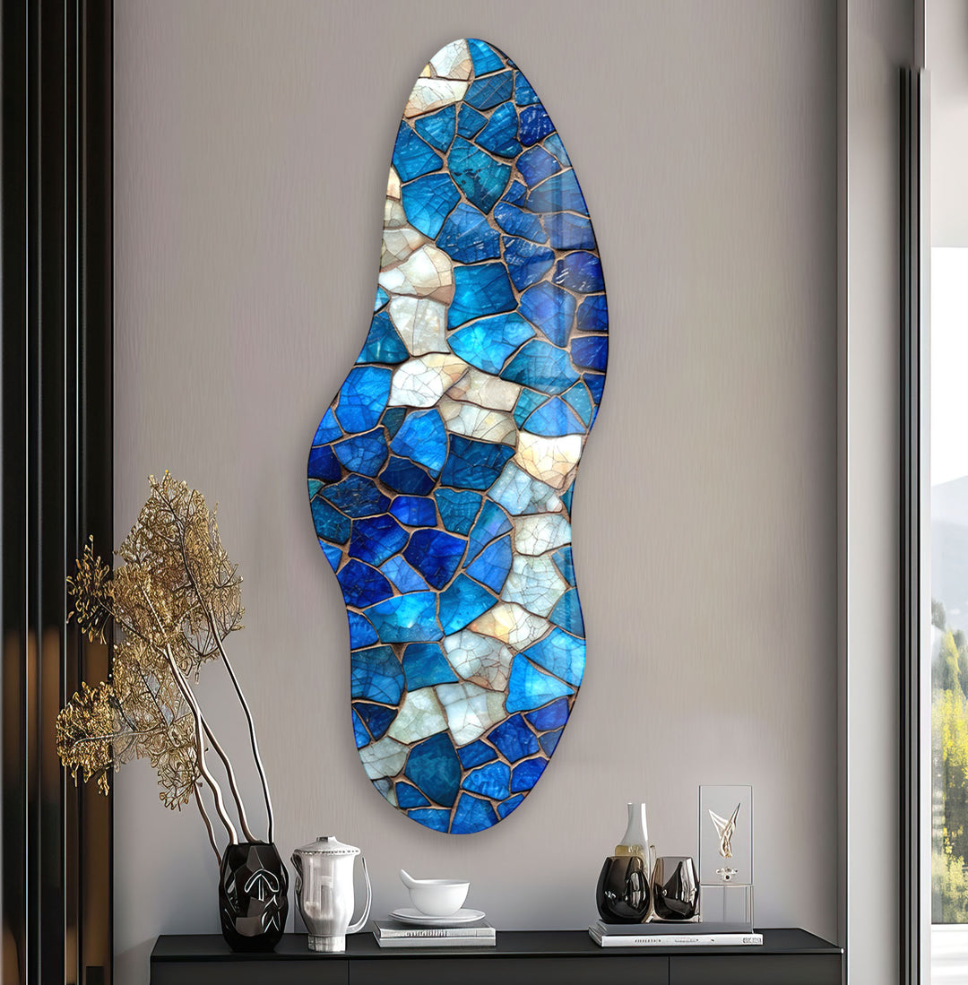 Blue & White Stained Asymmetrical Glass Wall Art, art glass wall art, glass wall art pictures
