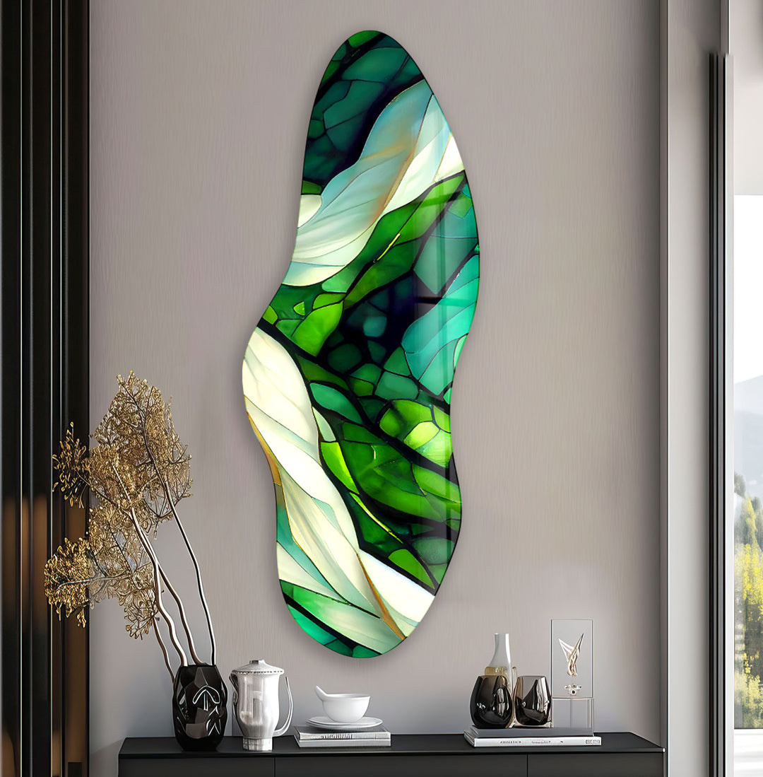 Emerald Green Stained Asymmetrical Glass Wall Art, glass art painting, glass art for the Wall
