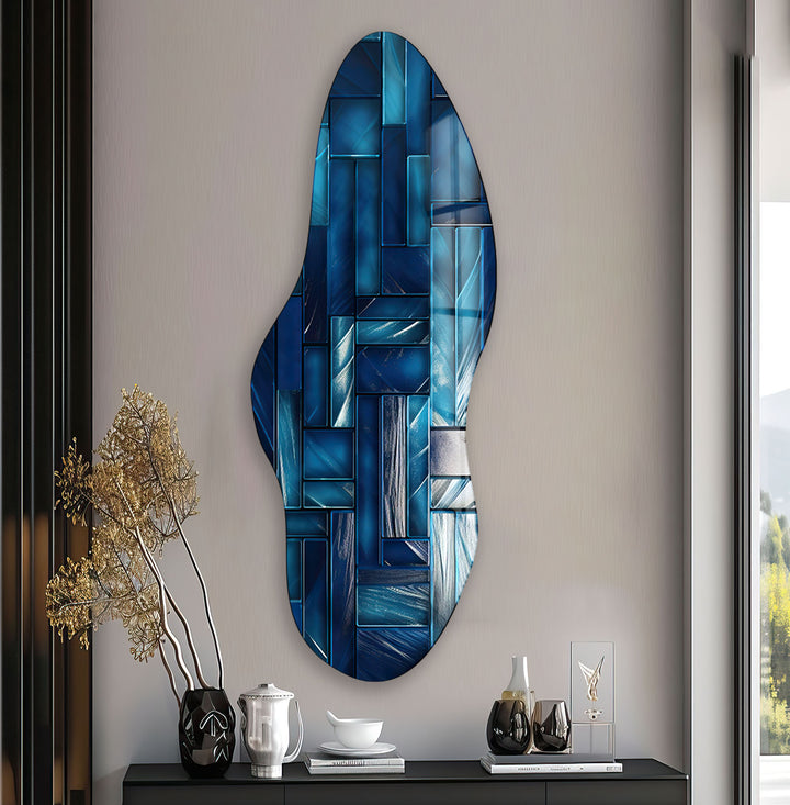 Navy Blue Mosaic Tiles Irregular Glass Wall Art, glass art painting, glass art for the Wall
