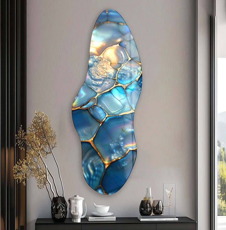 Blue Pearl Sparkle Asymmetrical Glass Wall Art, photo print on glass, prints on glass wall art
