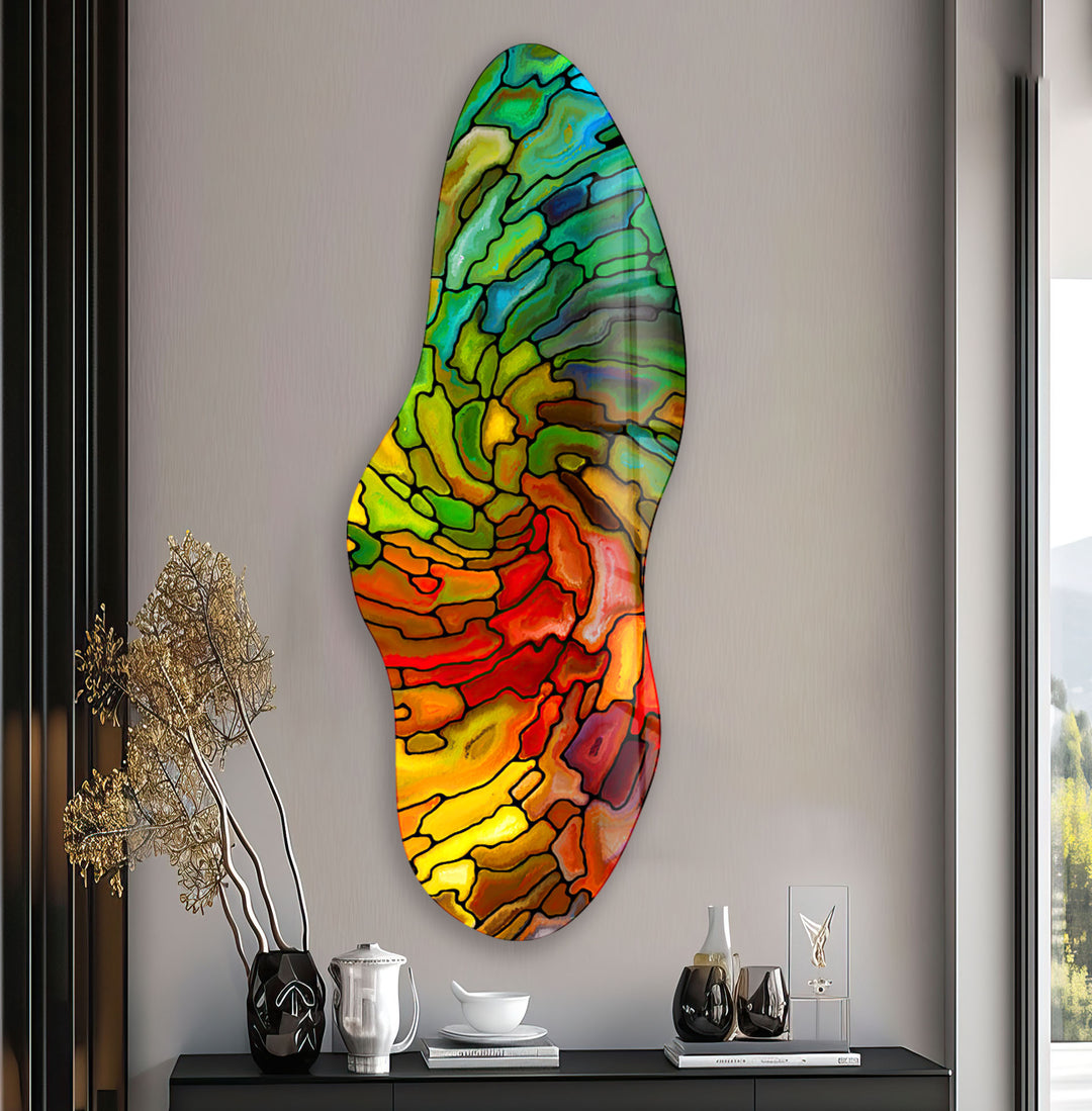 Green & Red Stained Asymmetrical Glass Wall Art, print picture on glass, Tempered Glass Wall Art
