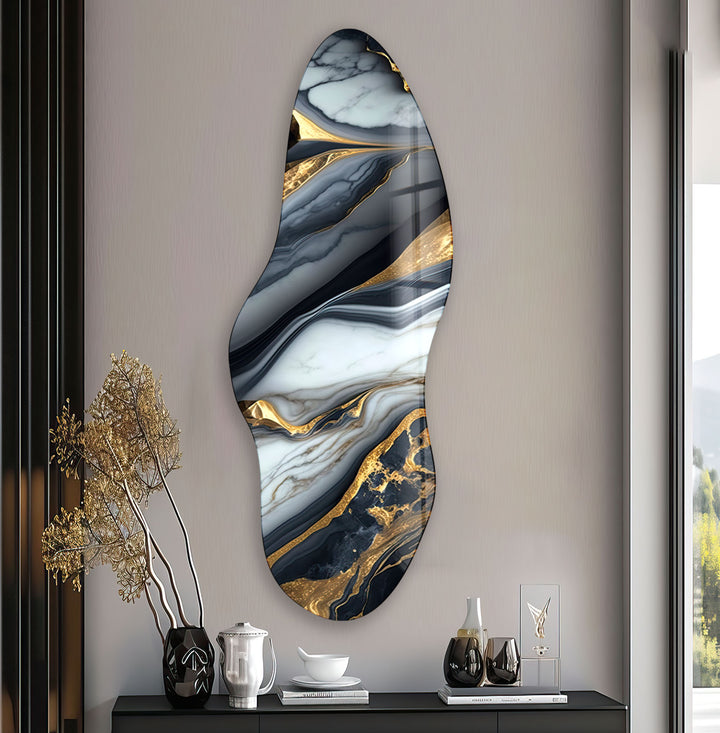 Gold & Black Marble Irregular Glass Wall Art, glass pictures for Wall, glass prints wall art
