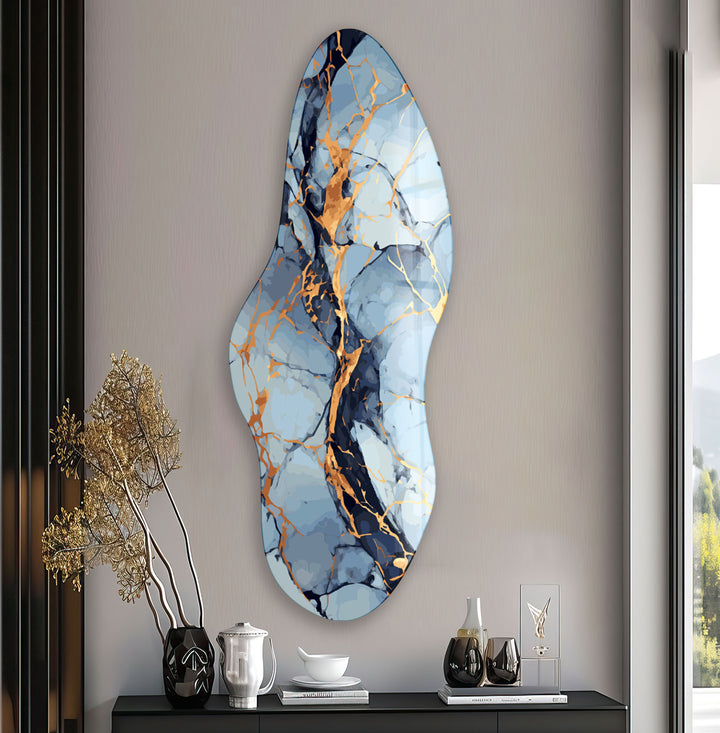 Gold & Blue Marble Irregular Glass Wall Art, glass photo prints, glass picture prints
