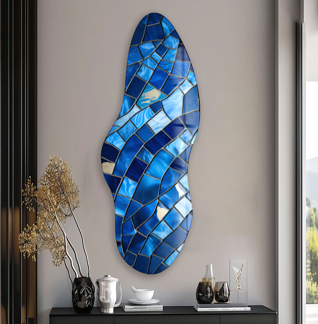 Blue Stained Pattern Asymmetrical Glass Wall Art, print picture on glass, Tempered Glass Wall Art
