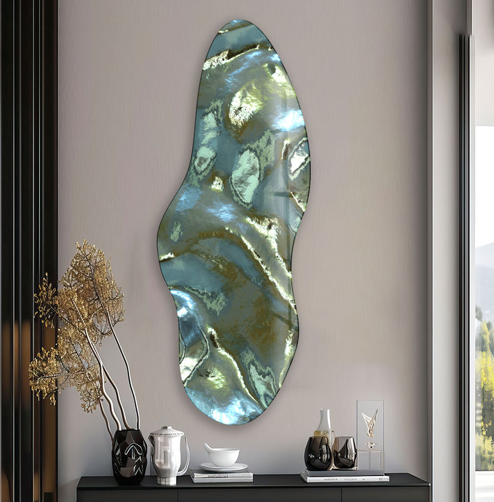 Asymmetrical Metalic Green Glass Wall Art, print on glass, glass printed photos

