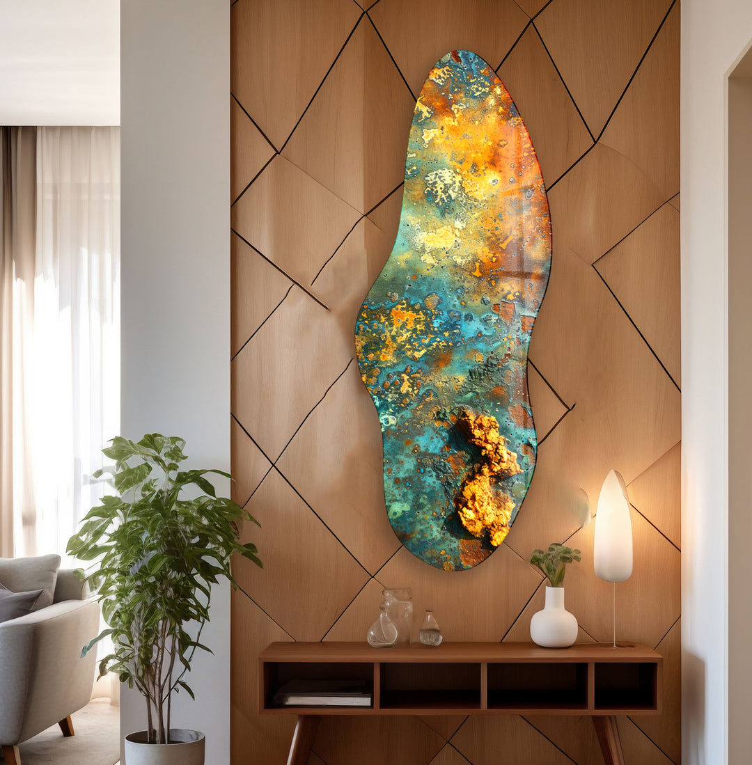 Abstract Green & Gold Irregular Glass Wall Art, glass art painting, glass art for the Wall
