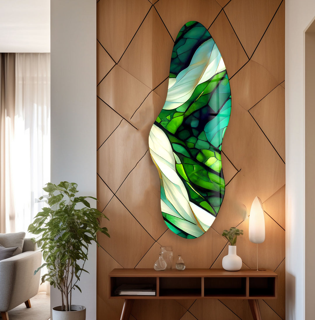 Emerald Green Stained Asymmetrical Glass Wall Art, Glass Printing Wall Art, Print photos on glass
