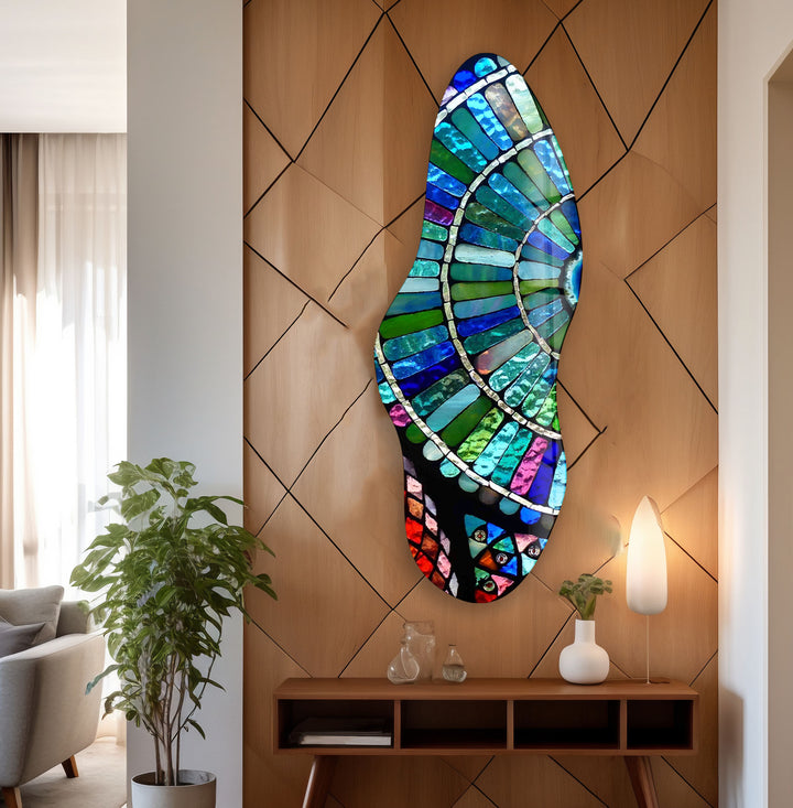 Stylish Blue Stained Asymmetrical Glass Wall Art, photo print on glass, prints on glass wall art
