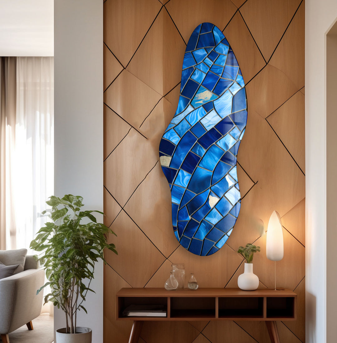 Blue Stained Pattern Asymmetrical Glass Wall Art, glass photo prints, glass picture prints
