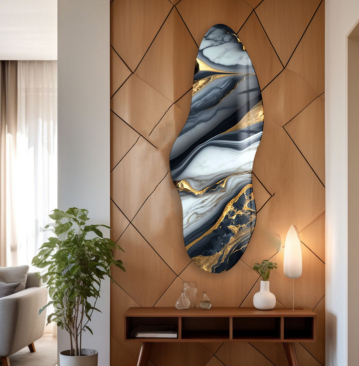 Gold & Black Marble Irregular Glass Wall Art, large glass photo prints, glass wall photos
