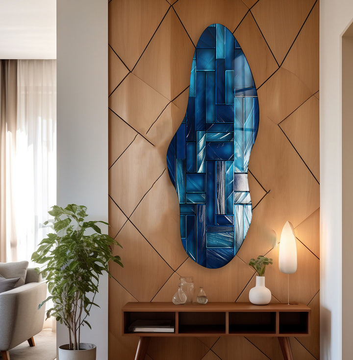 Navy Blue Mosaic Tiles Irregular Glass Wall Art, print picture on glass, Tempered Glass Wall Art

