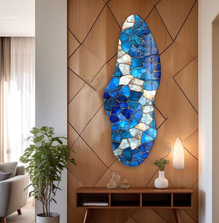 Blue & White Stained Asymmetrical Glass Wall Art, glass art painting, glass art for the Wall
